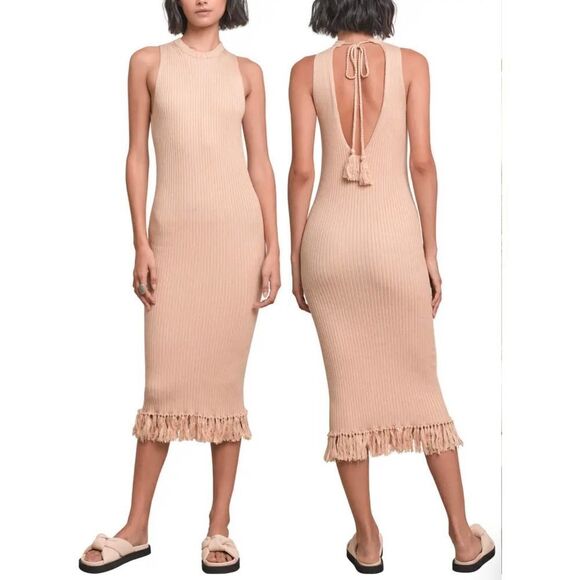 Eleven Six Talia Knit Fringe Tassel Hem Keyhole Midi Dress in Sand Size M NWT - Picture 1 of 5